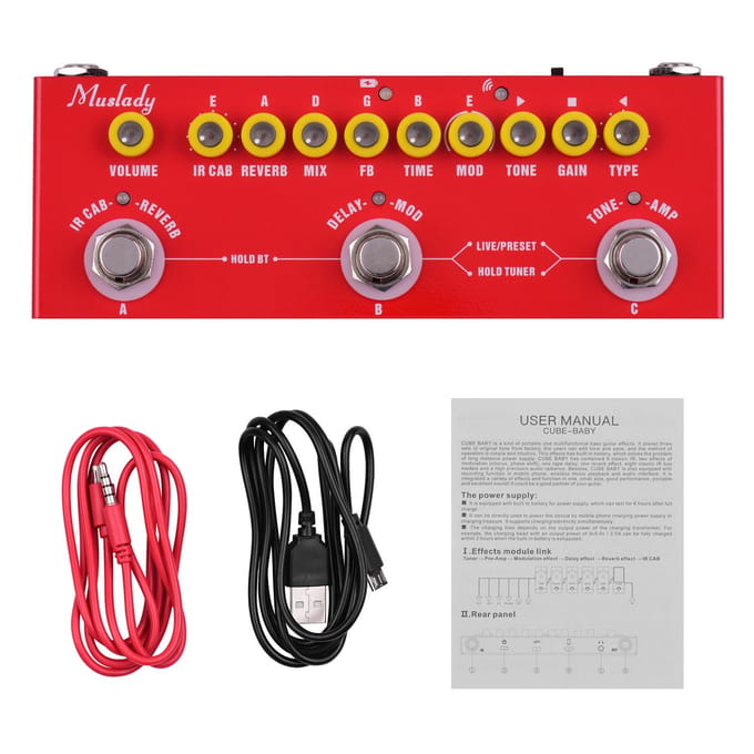 Muslady CUBE BABY Draagbare multifunctionele elektrische gitaar Gecombineerd effectpedaal Ingebouwde batterij rood