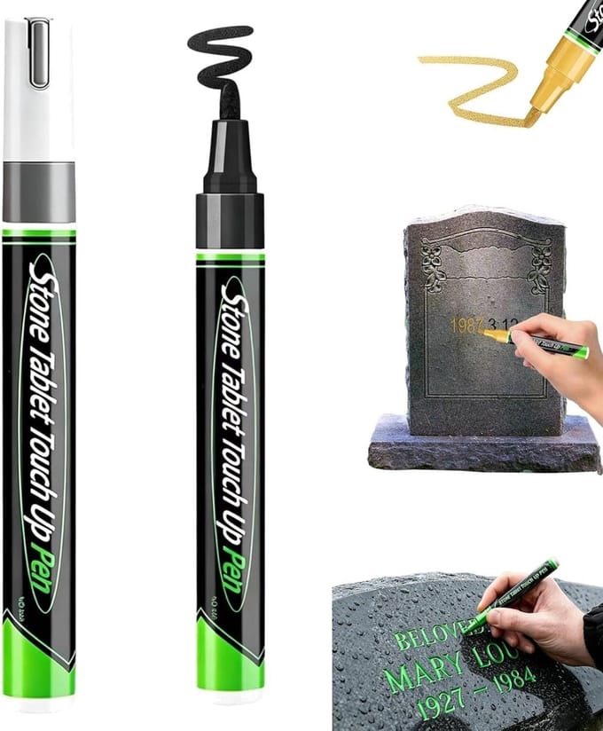 Grafsteen Markeerpen - Steen Retoucheerpen - Inscripties Herstellen - Waterdicht Sneldrogend - 2 Stuks - Goud