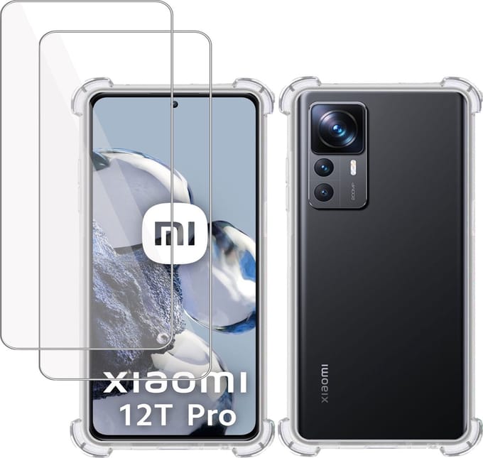Hoesje + 2x Screenprotector geschikt voor Xiaomi 12T Pro – Tempered Glass - Extreme Shock Case Transparant