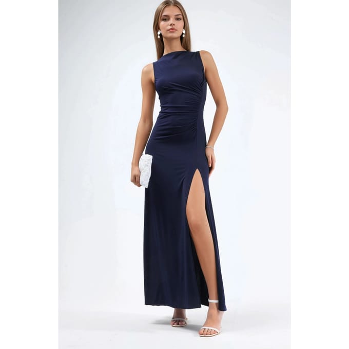 Geplooide Sandy Maxi Jurk met Splitdetail