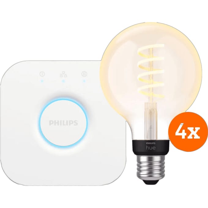 Philips Hue Filament White Ambiance Globe 4-Pack + Bridge