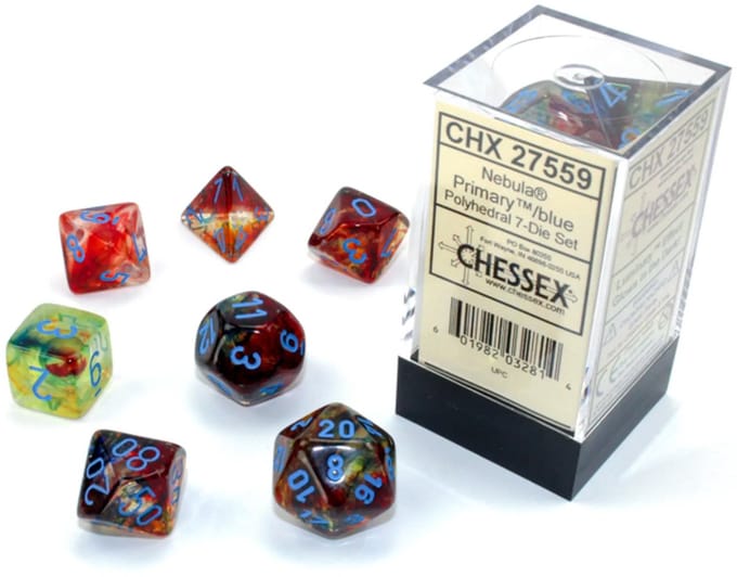 Chessex Nebula Primary/blue Luminary Polydice Dobbelsteen Set (7 stuks)