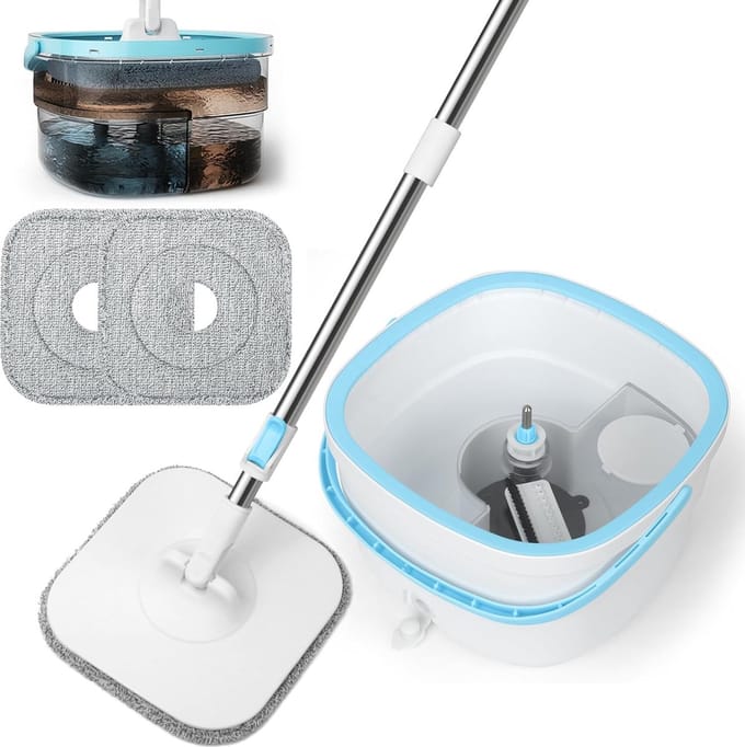 2-in-1 Dweilset met Emmer - 130 cm - Uitwringfunctie - Microvezelmoppen