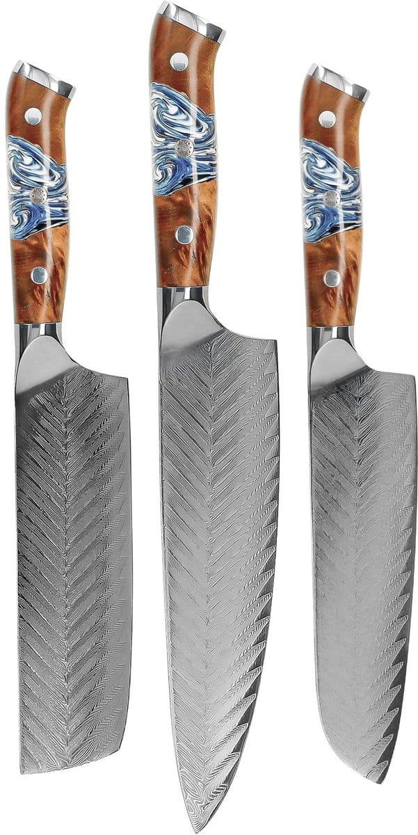 Shinrai Knives - Eclipse 3-delige Damascus Messenset - Koksmes + Nakiri + Santoku