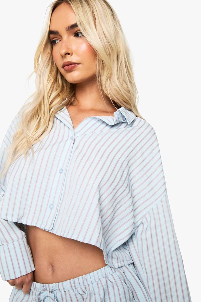 boohoo Dames Gestreepte Seersucker gekort shirt | Blue | Maat: 10