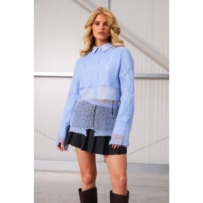 boohoo Dames Sheer Distressed Oversized Lightweight Jumper | Blauw | Maat: Medium