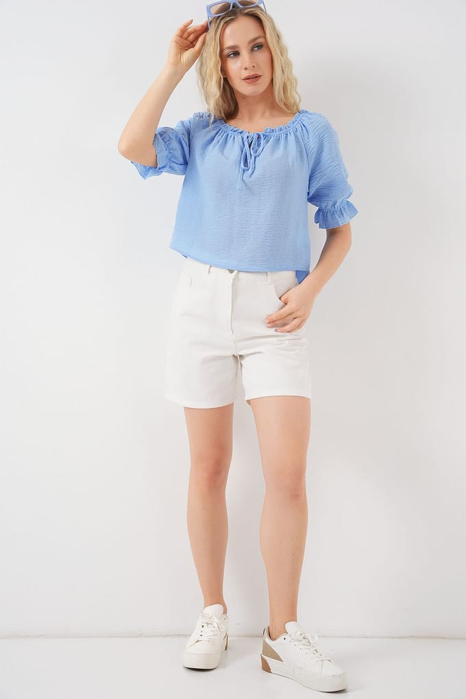 Gestructureerde Bootneck Crop Blouse met Pompom Detail