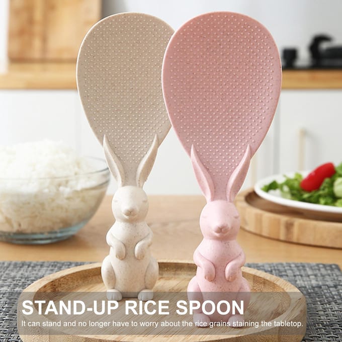 Cuillère à riz antiadhésive en forme de lapin Spatule à riz de service verticale Pelle à riz Cuisine beige