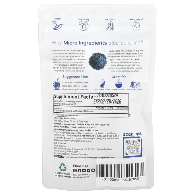 Micro-ingrédients, Spiruline bleue biologique, 2 oz (60 g)
