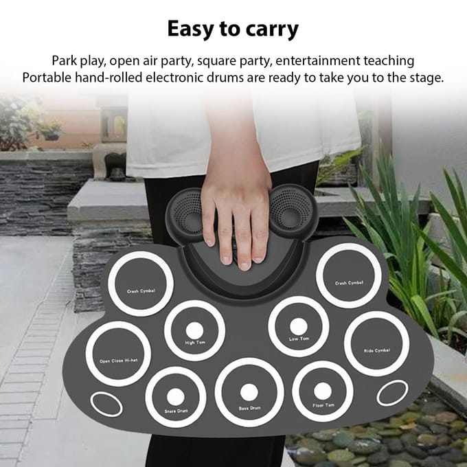 Elektronische Drumset Hand Roll Drumset met Drumsticks Voetpedaal 9 Pads Dubbele luidspreker Oplaadbaar zwart