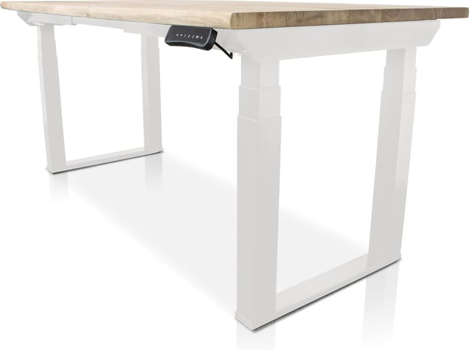 Zit-sta bureau met massief eiken boomstam blad 160 x 80 cm - MRC PRO Solid NEN-EN 527 - elektrisch verstelbaar - frame wit - 125 cm hoog - 200KG draagvermogen