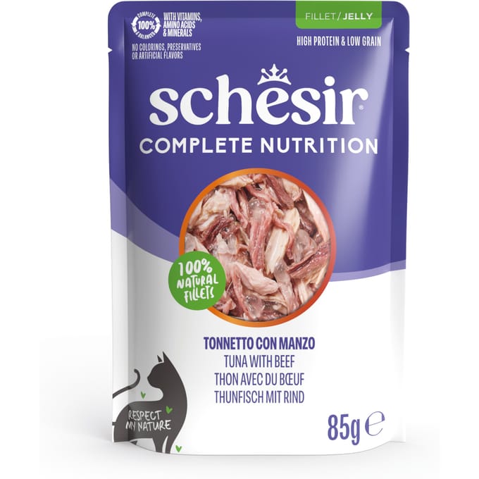 12x 85g Schesir Complete Nutrition Filet in Gelee Thunfisch & Rind Katzenfutter nass