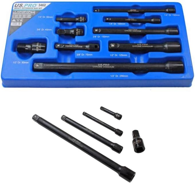 Verlenging voor Slagmoersleutels 1/4 3/8 1/2 inch - 9 delige Set