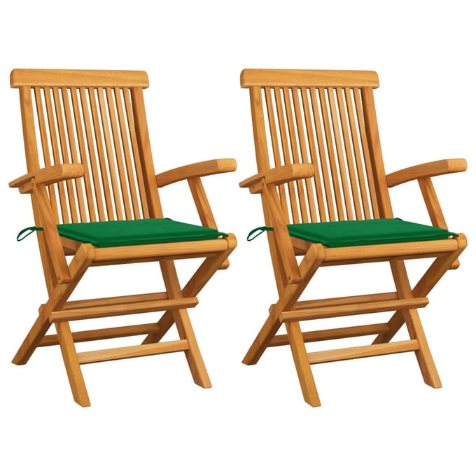 vidaXL - Opklapbare - stoelen - met - groene - kussens, - 2 - stuks, - massief - teakhout