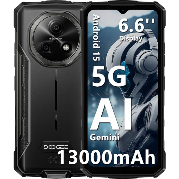 DOOGEE Fire 7 5G robuuste telefoon Gemini AI 36GB(6+30) RAM 128GB ROM 13000mAh batterij Dimensity 6300 NFC smartphone