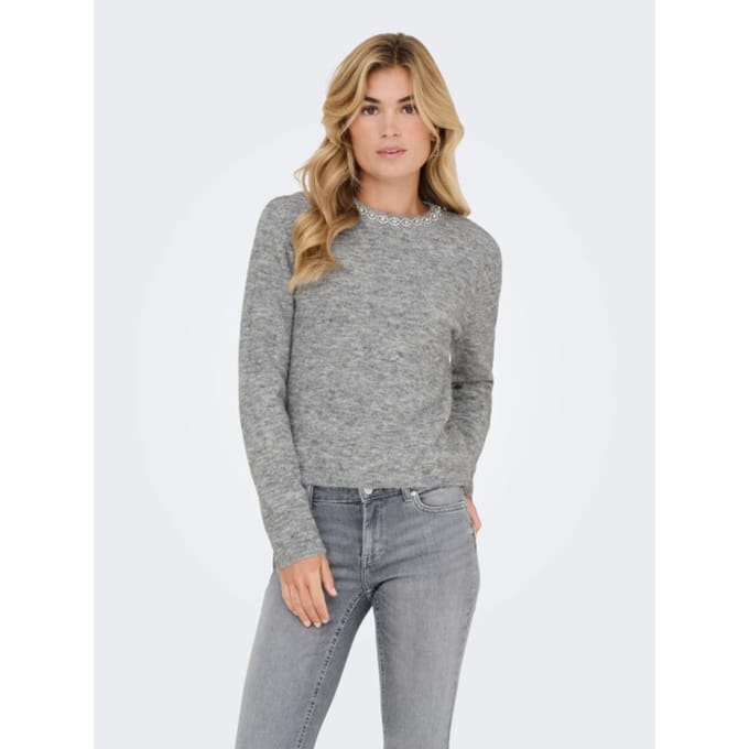 Jacqueline de Yong Trui Jdyalva Life L/s Embellish Pullover 15351917 Medium Grey Melange/silver Emb Dames Maat - M