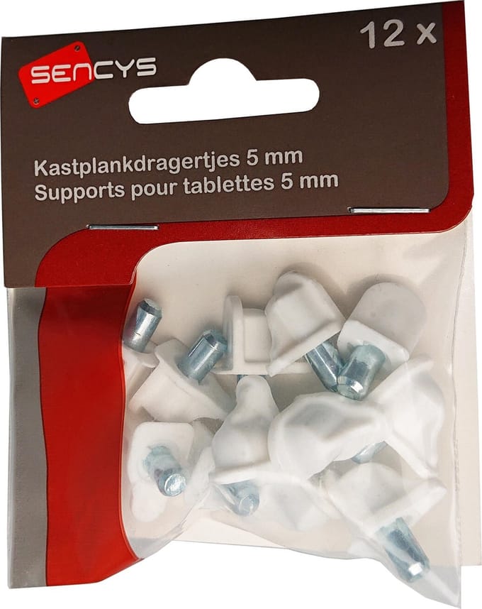SENCYS kastplankdragers met metalen stift Ø5mm kunststof wit | 12 stuks