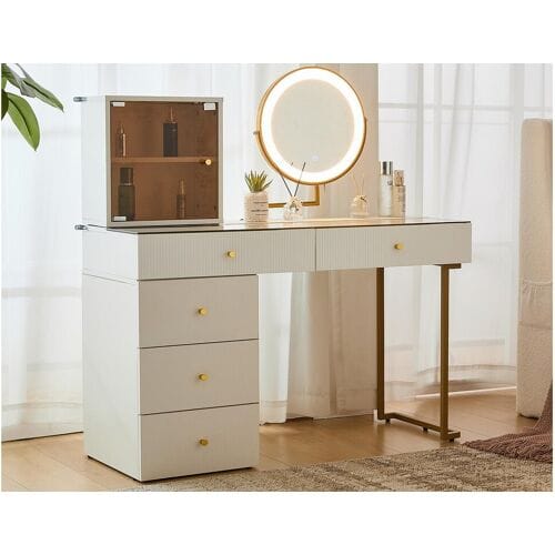 ModernLuxe Kaptafel met spiegel en LED - 5 laden en een glazen display - Wit (kruk niet inbegrepen)