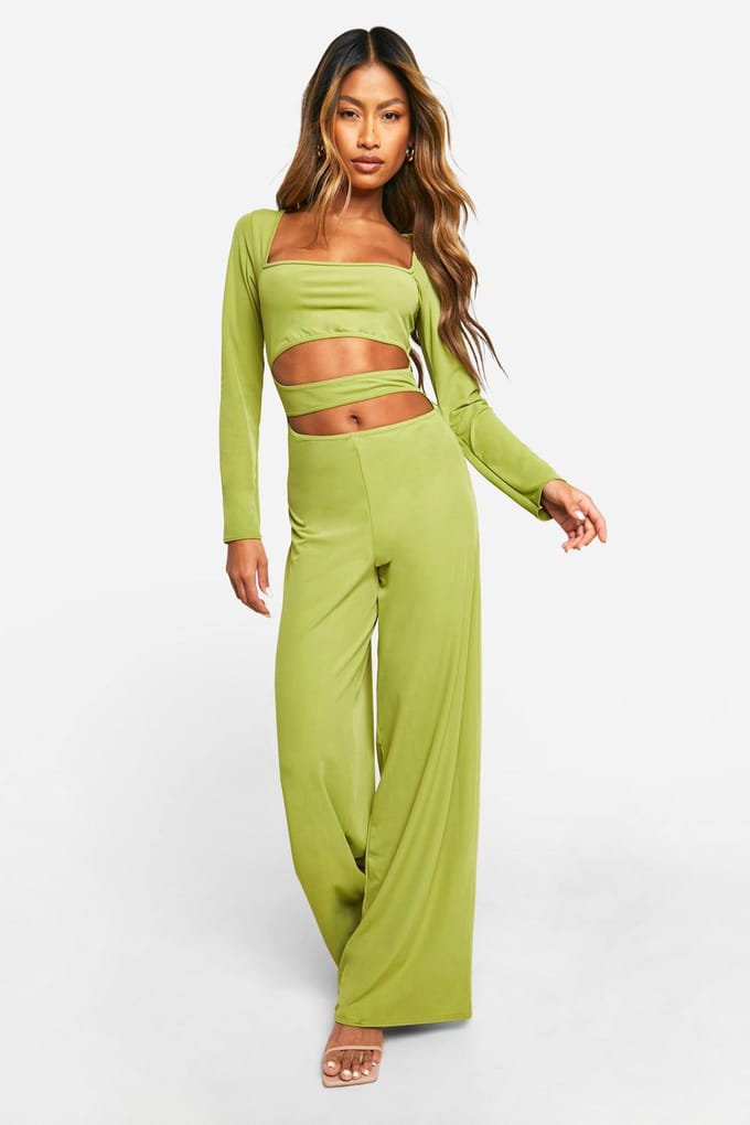boohoo Dames Premium Cut Out Matte Slinky Jumpsuit | Olijf | Maat: 42