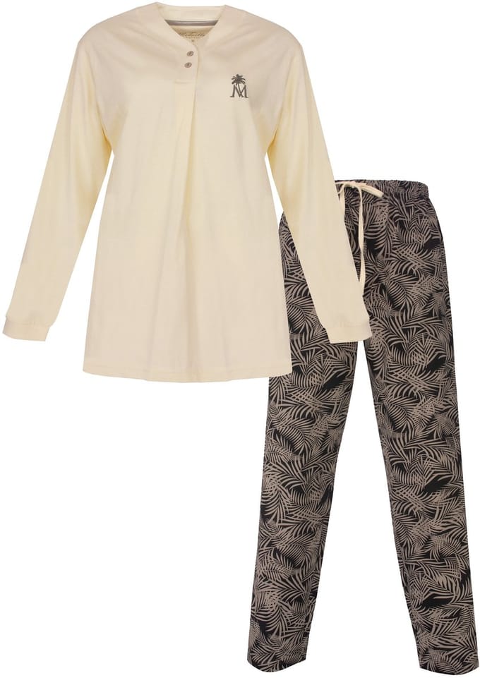 Medaillon Dames Pyjama - Lange Mouwen - Knoopsluiting - Lichtgeel- Maat L