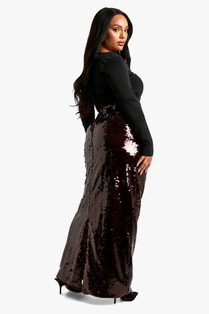 boohoo Dames Plus Premium Pailletten Maxi Rok | Malbec | Maat: 56