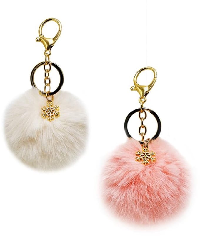 Set van 2 Pluche Pompon Sleutelhangers in Wit en Koreaans Roze