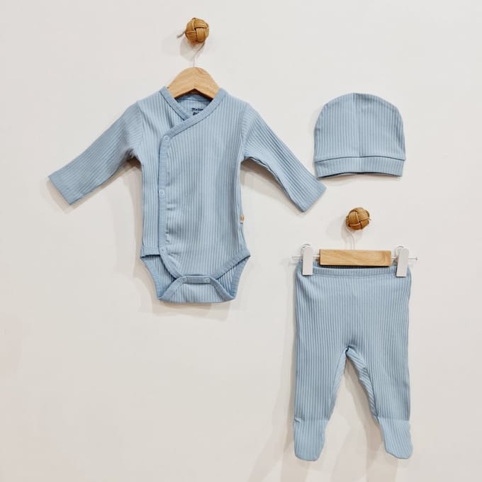Newborn baby set 3 delig ribbed Blauw 3-6M