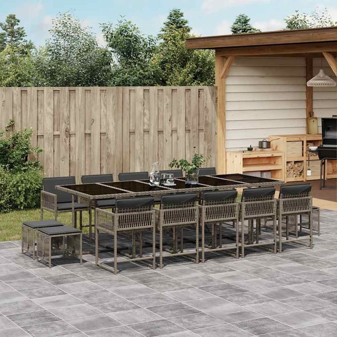 vidaXL - 15-delige - Tuinset - met - kussens - poly - rattan - grijs