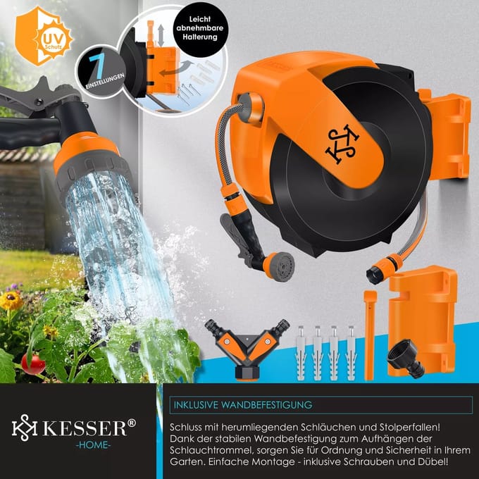 KESSER® Slanghaspel met tuinslang 15 m - wandmontage - 180° draaibaar - automatisch oprollen - zwart/oranje