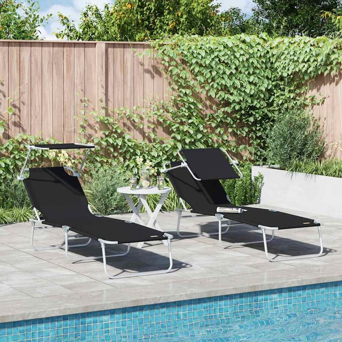 vidaXL Ligstoel 2 pcs Zwart 58 x 188 x 77cm Polyester