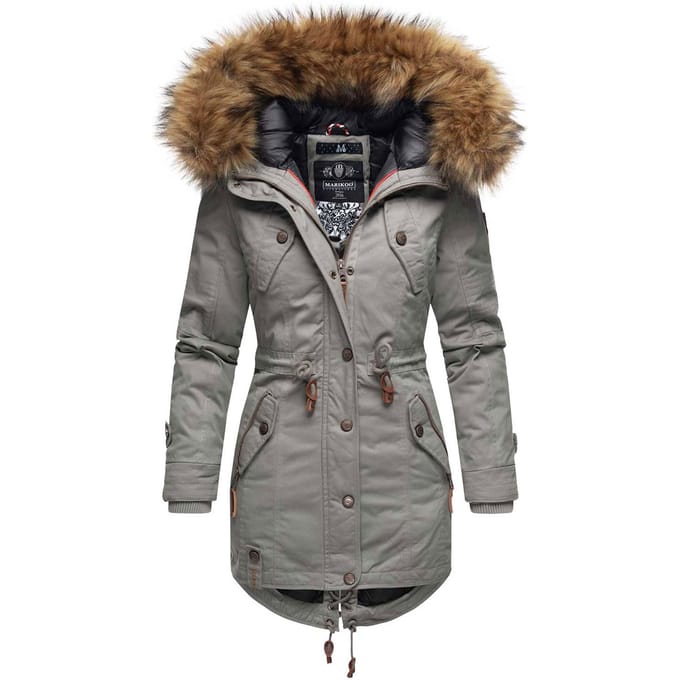 Marikoo dames winterjas met afneembare imitatiebontkraag & taillekoord