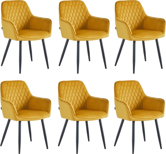 Colenis® - Beverly Eetkamerstoel - Set Van 6 - Okergeel -Velvet - Industrieel - Met armleuning