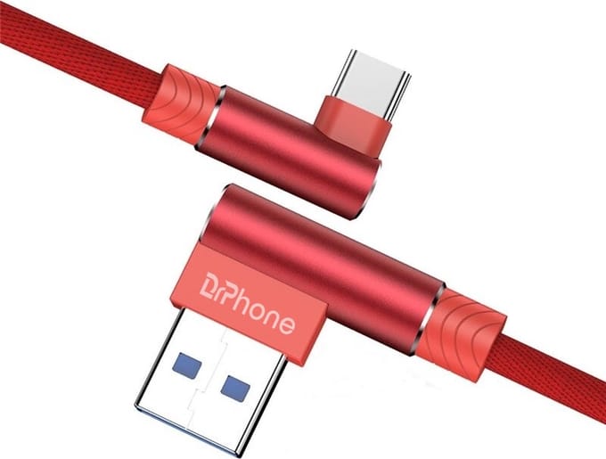 DrPhone D9 Type-C USB-C Dubbele 90° Haakse Nylon Gevlochten 3A kabel – 3 Meter -Datasynchronisatie & Snel opladen – Rood
