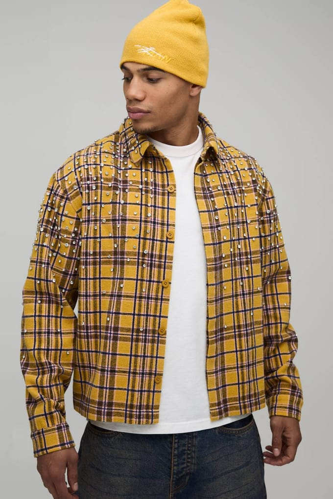 Oversized Boxy Juweel Strass Geruit Overhemd | Yellow | Size Medium