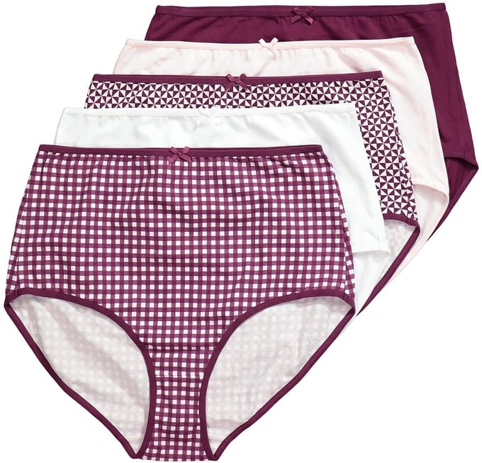 Ulla Popken - Dames - Maxi slips set van 5 met patroon/effen - Donker bes - Maat 46+