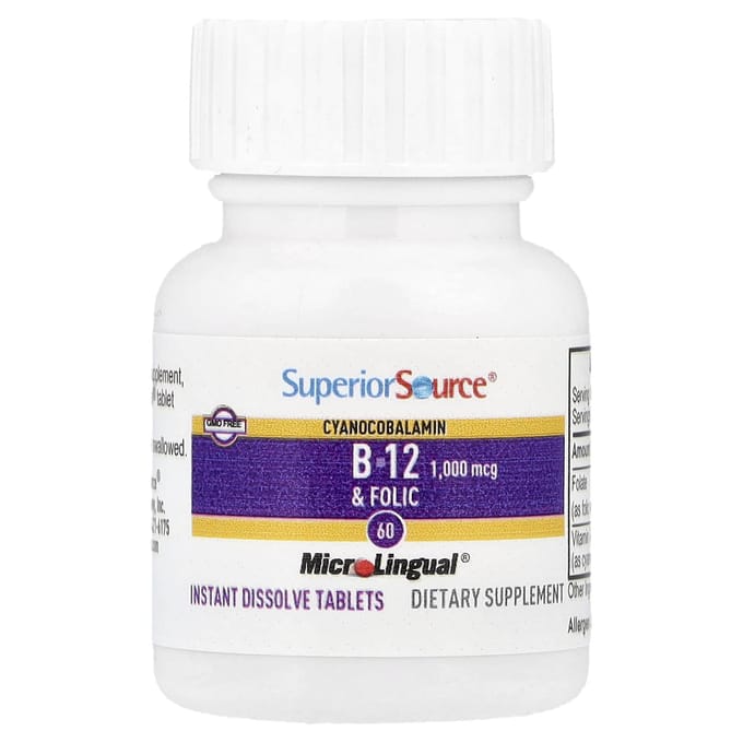 Cyanocobalamine B-12 & foliumzuur, snel oplossende microlinguale tabletten, 60 stuks.