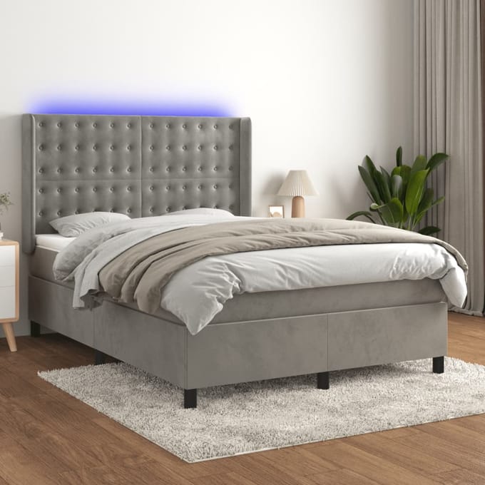 vidaXL - Boxspring - met - matras - en - LED - fluweel - lichtgrijs - 140x200 - cm