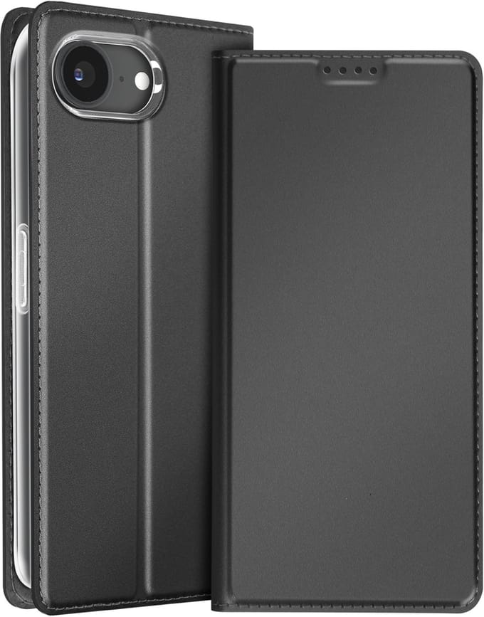 Dux Ducis, Geschikt voor Apple iPhone 16e Satijn Effect Kaarthouder Video Support, Zwart