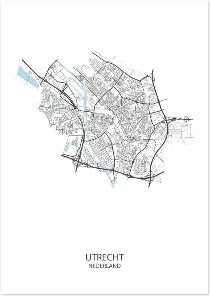 De Lange Koe Poster - Utrecht Plattegrond - 42 X 29.7 Cm - Wit