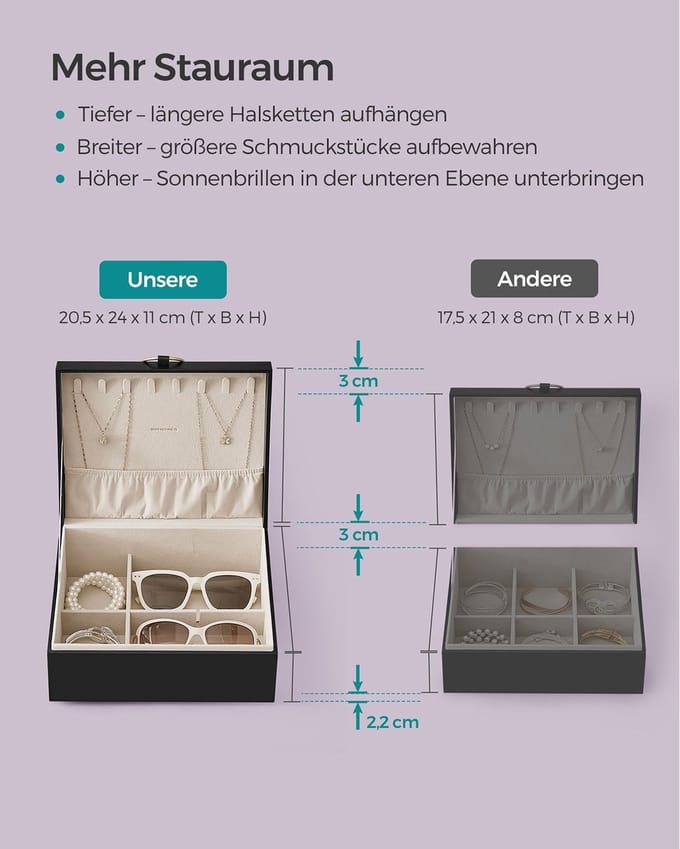 Schmuckkästchen 2 Ebenen mit Griff und flexiblem Schmucktablett schwarz