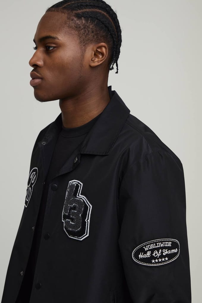 Varsity Badge Collared Coach Jacket | Black | Size XS