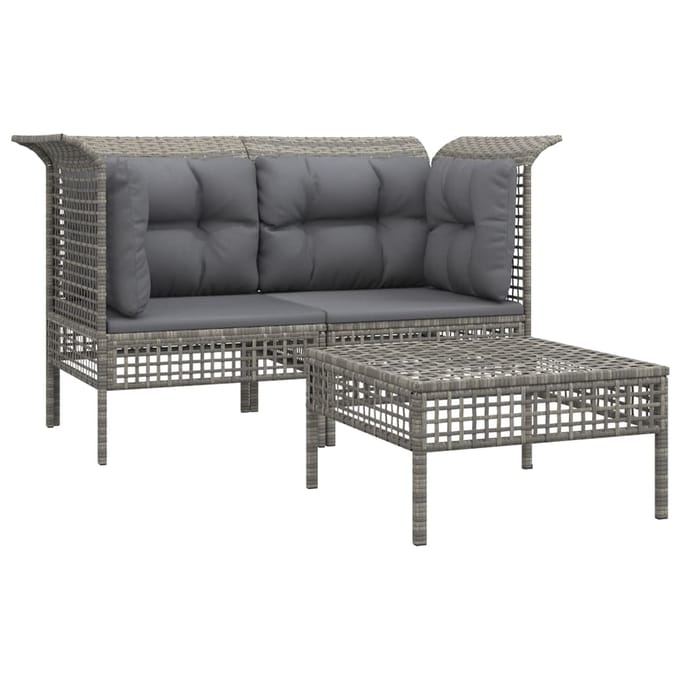vidaXL - 3-delige - Loungeset - met - kussens - poly - rattan - grijs