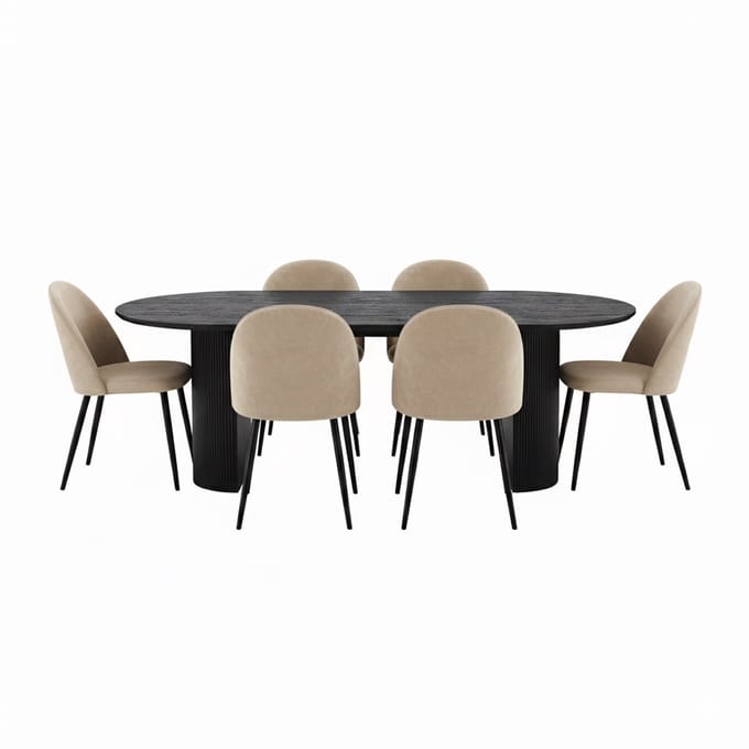 Kyoto eethoek eettafel donkerbruin, 6 stoelen met beige velours bekleding.