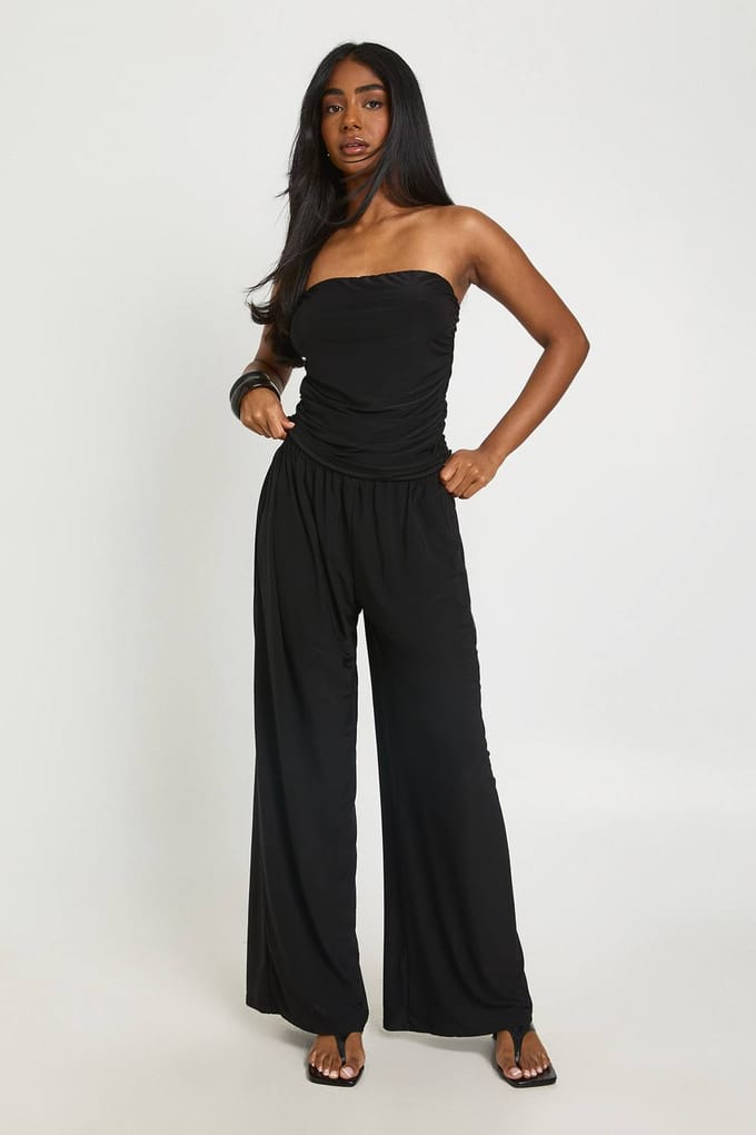 boohoo Dames Gerimpelde Bandeau En Wijde Broek Coordinerende Set | Black | Maat: 8