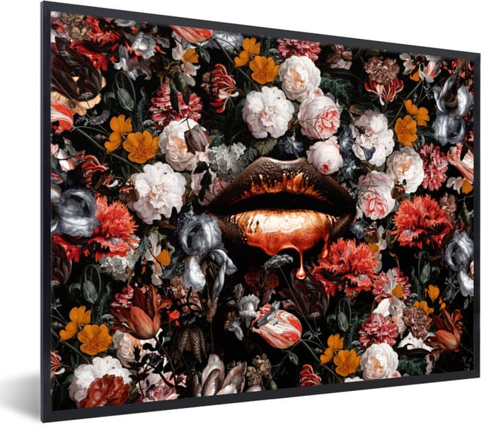 Fotolijst incl. Poster - Lippen - Bloemen - Verf - Oranje - Kunst - Abstract - Oude meesters - 80x60 cm - Posterlijst
