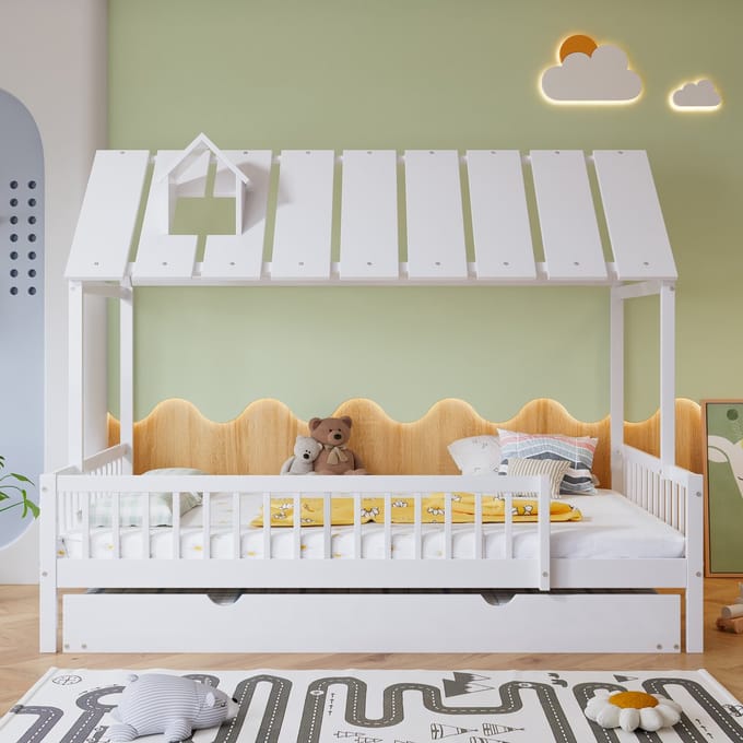 REDOM Kinderbed – 120x200 cm – Met uitschuifbed & 3-zijdig hek – Grenenhout & MDF – Wit