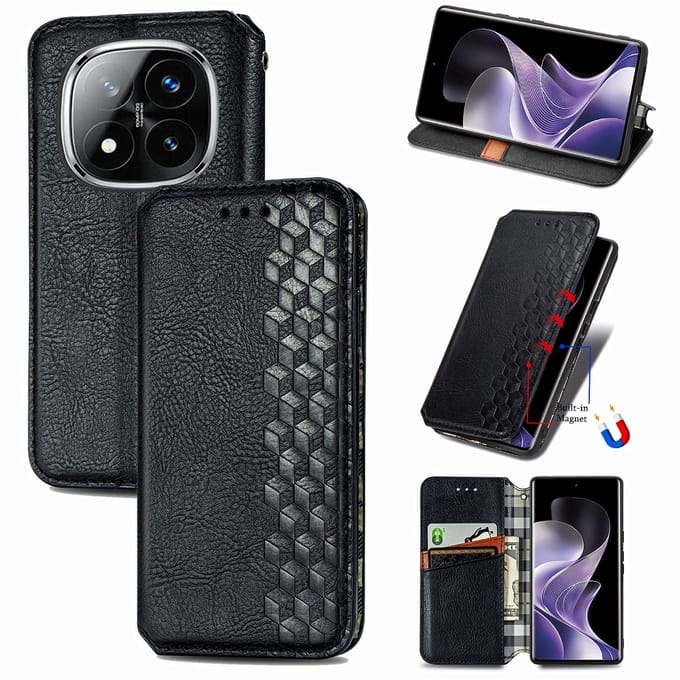 Luxe PU Lederen Ruitpatroon Wallet Case + Screenprotector voor Xiaomi Poco X7 _ Zwart