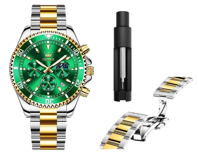 OLEVS Herenhorloge – RVS – Vlindersluiting – Premium Editie – Groen/Zilvergoud – Luxe Horloge voor Mannen
