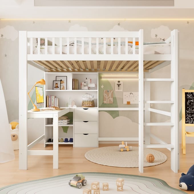 Sweiko Hoogslaper - 140x200cm - Boekenplank - Bureau - 3 lades - Kinderbed - Wit