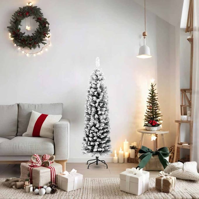 vidaXL - Kunstkerstboom - met - sneeuw - smal - 150 - cm - PVC - groen